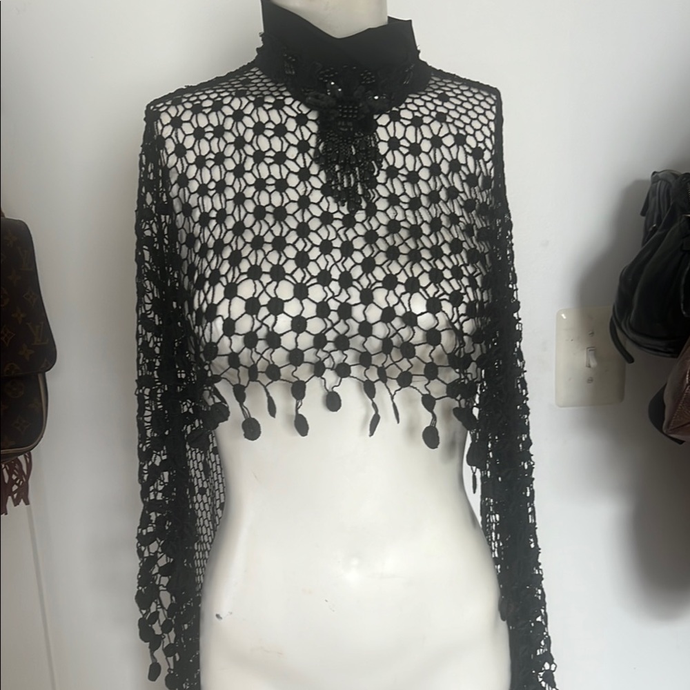 Black Crochet Poncho with Beaded Details